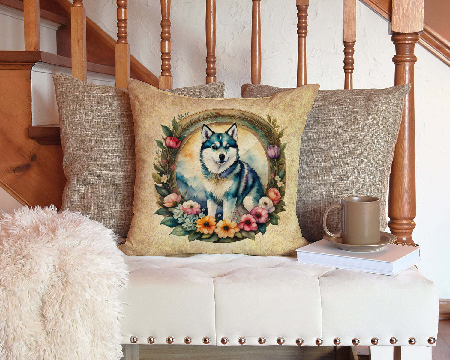 Alaskan Klee Kai and Flowers Fabric Decorative Pillow