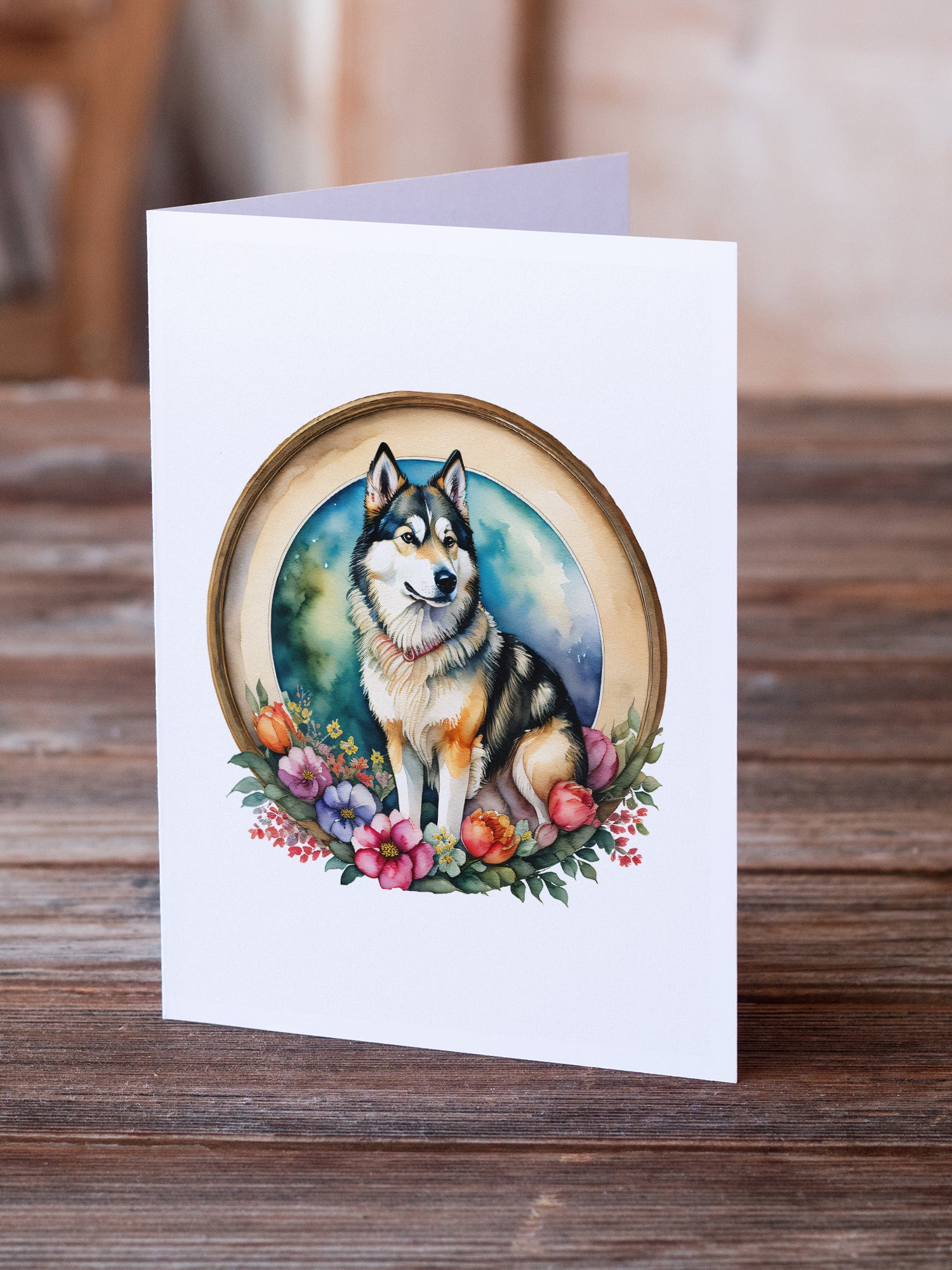 Alaskan Malamute and Flowers Greeting Cards and Envelopes Pack of 8