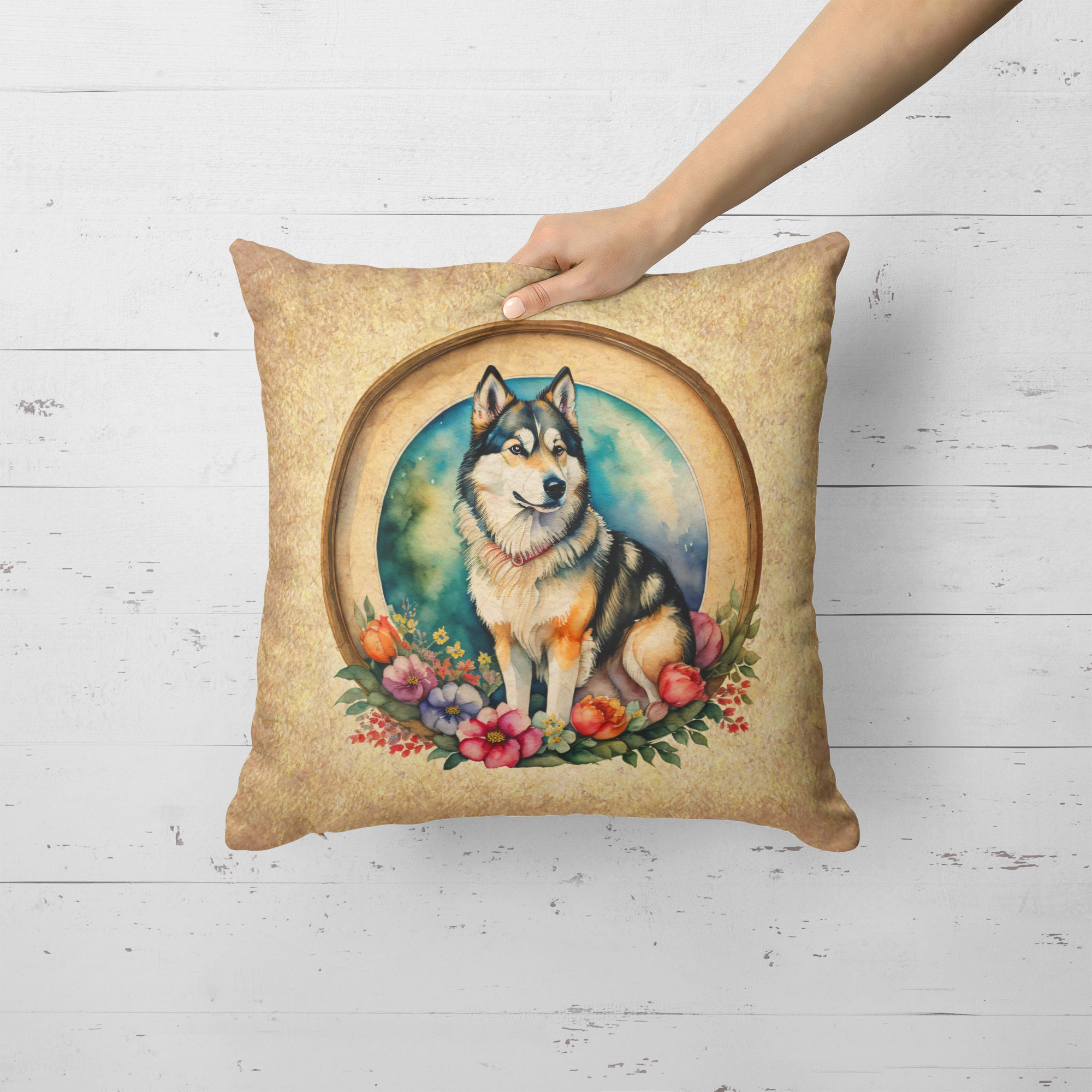Buy this Alaskan Malamute and Flowers Fabric Decorative Pillow