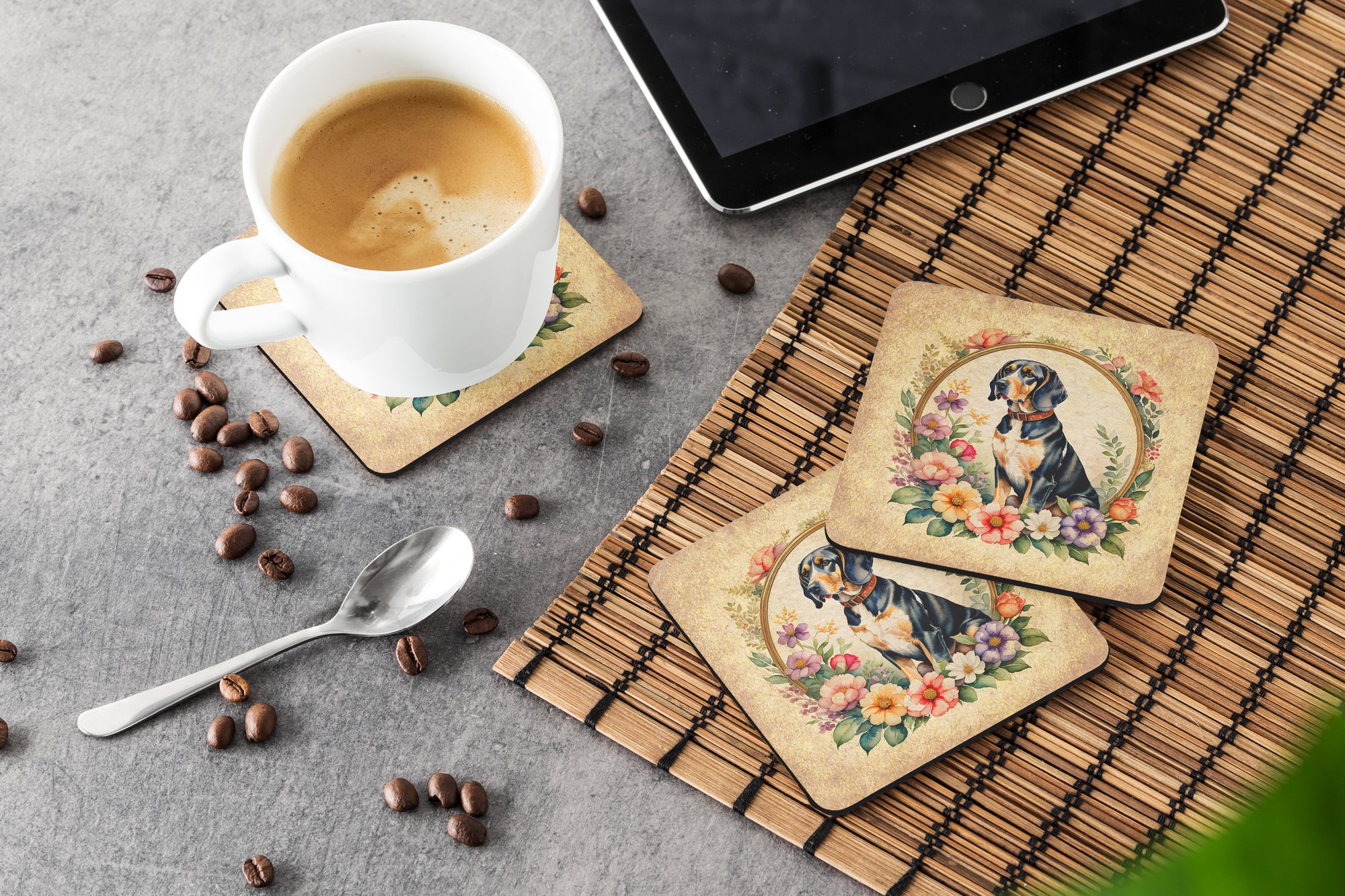 American English Coonhound and Flowers Foam Coasters
