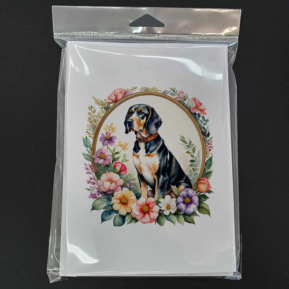 American English Coonhound and Flowers Greeting Cards and Envelopes Pack of 8