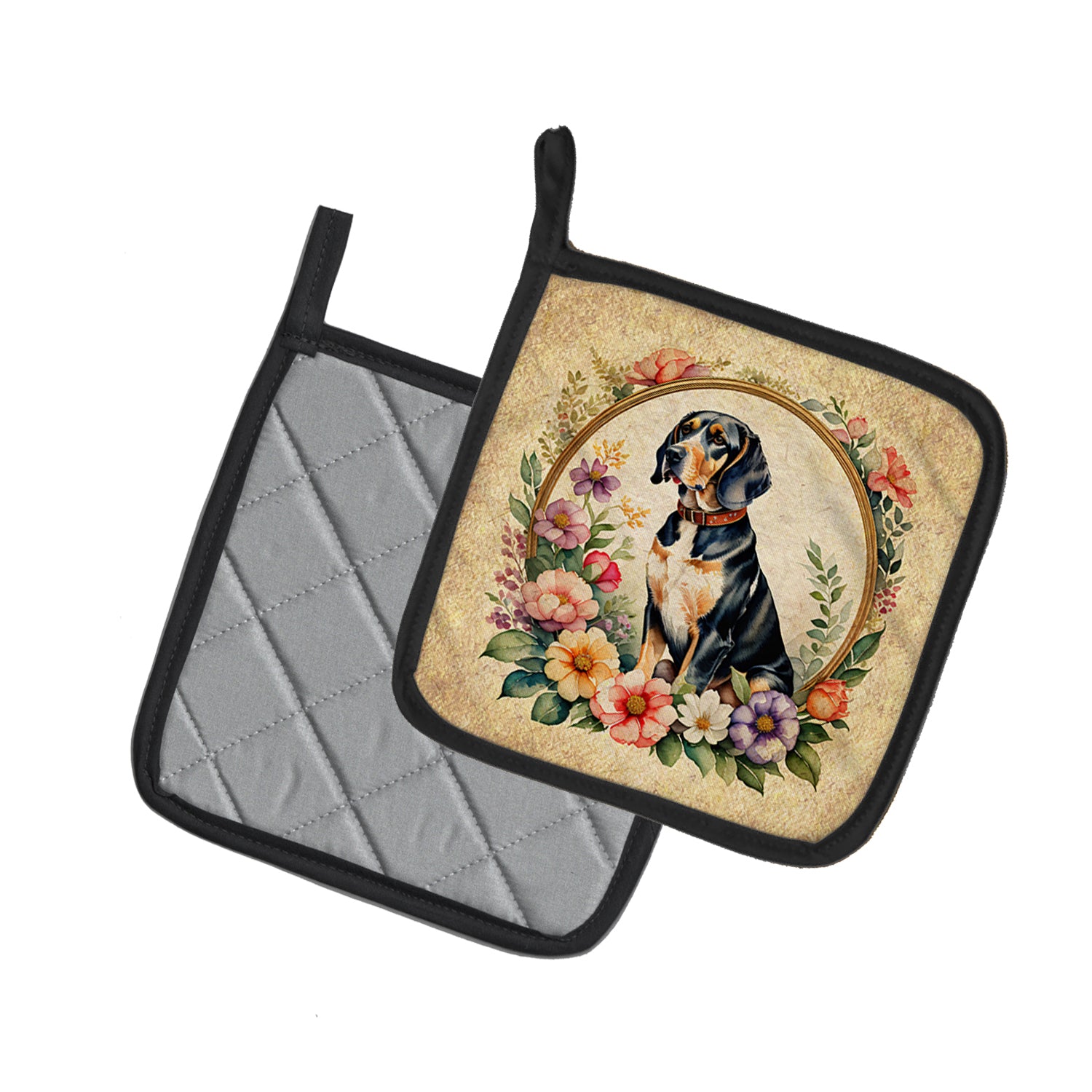 American English Coonhound and Flowers Pair of Pot Holders