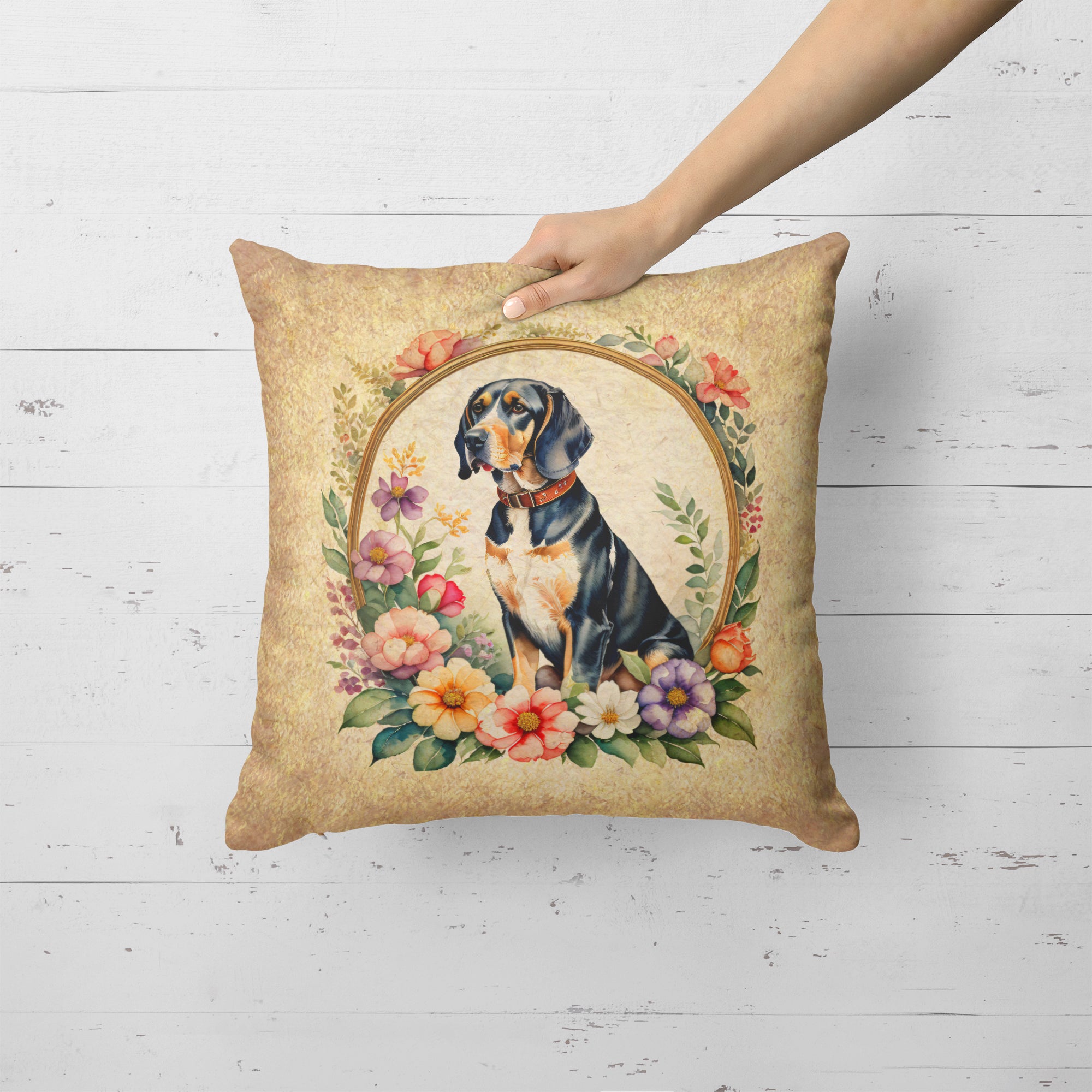American English Coonhound and Flowers Fabric Decorative Pillow