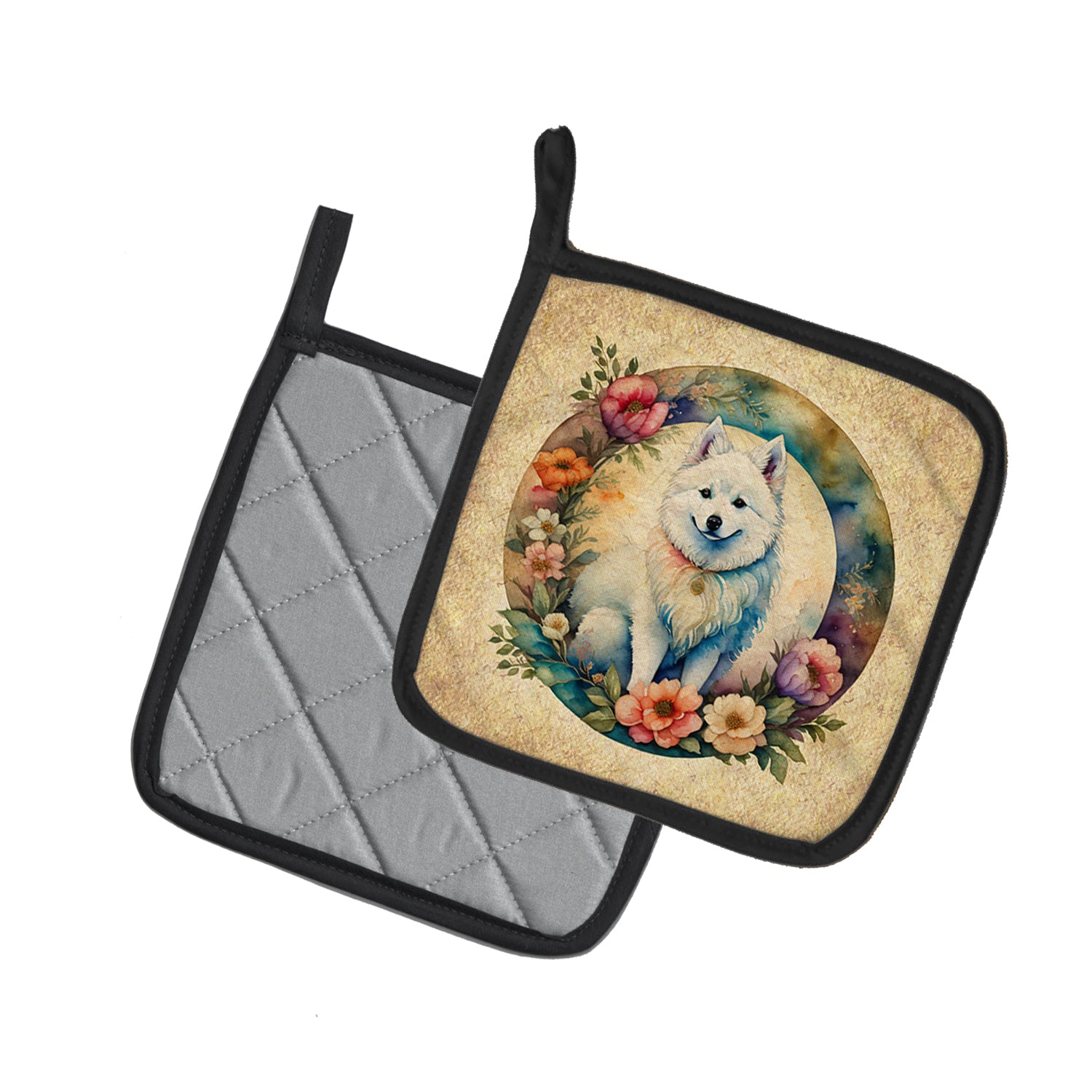 American Eskimo and Flowers Pair of Pot Holders