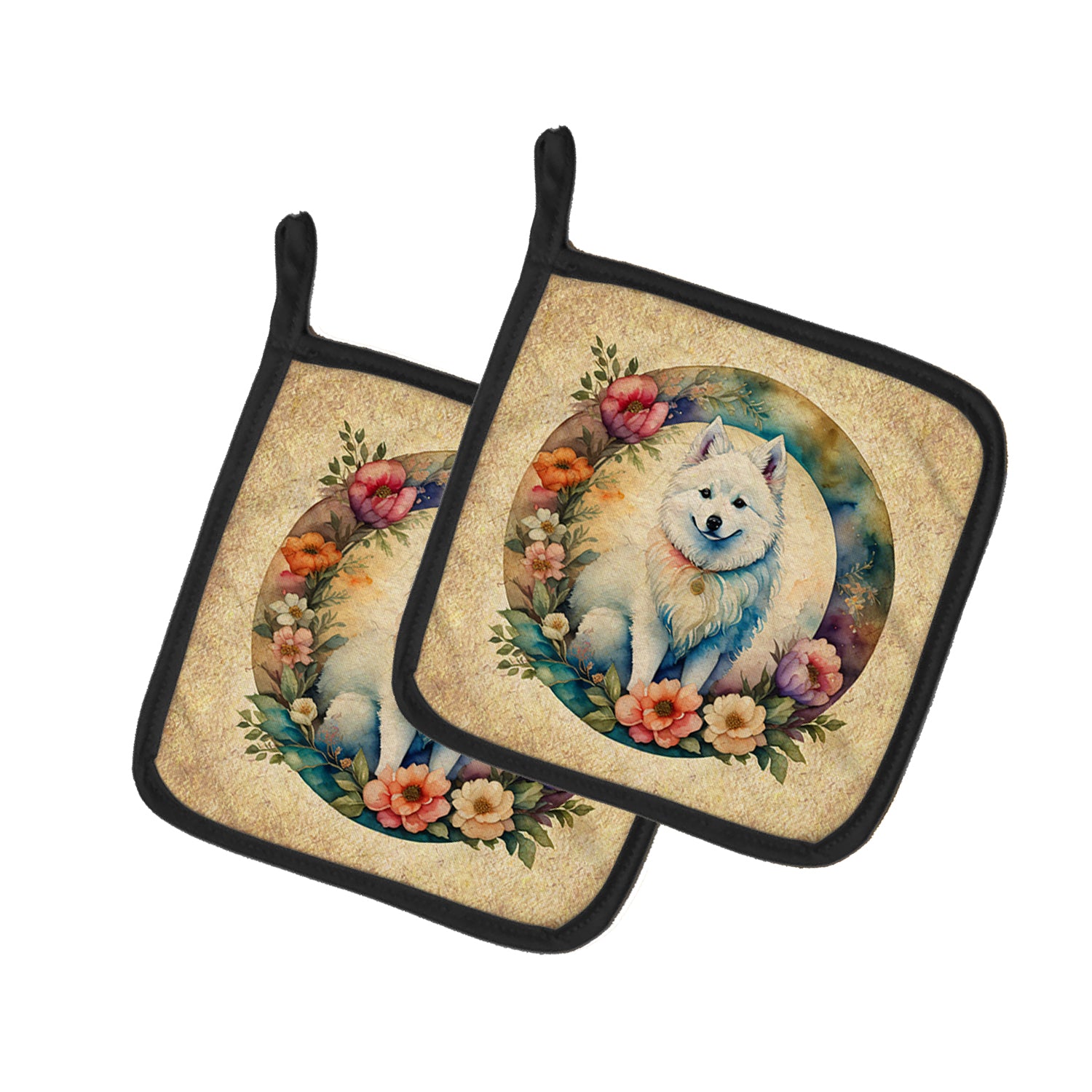 Buy this American Eskimo and Flowers Pair of Pot Holders