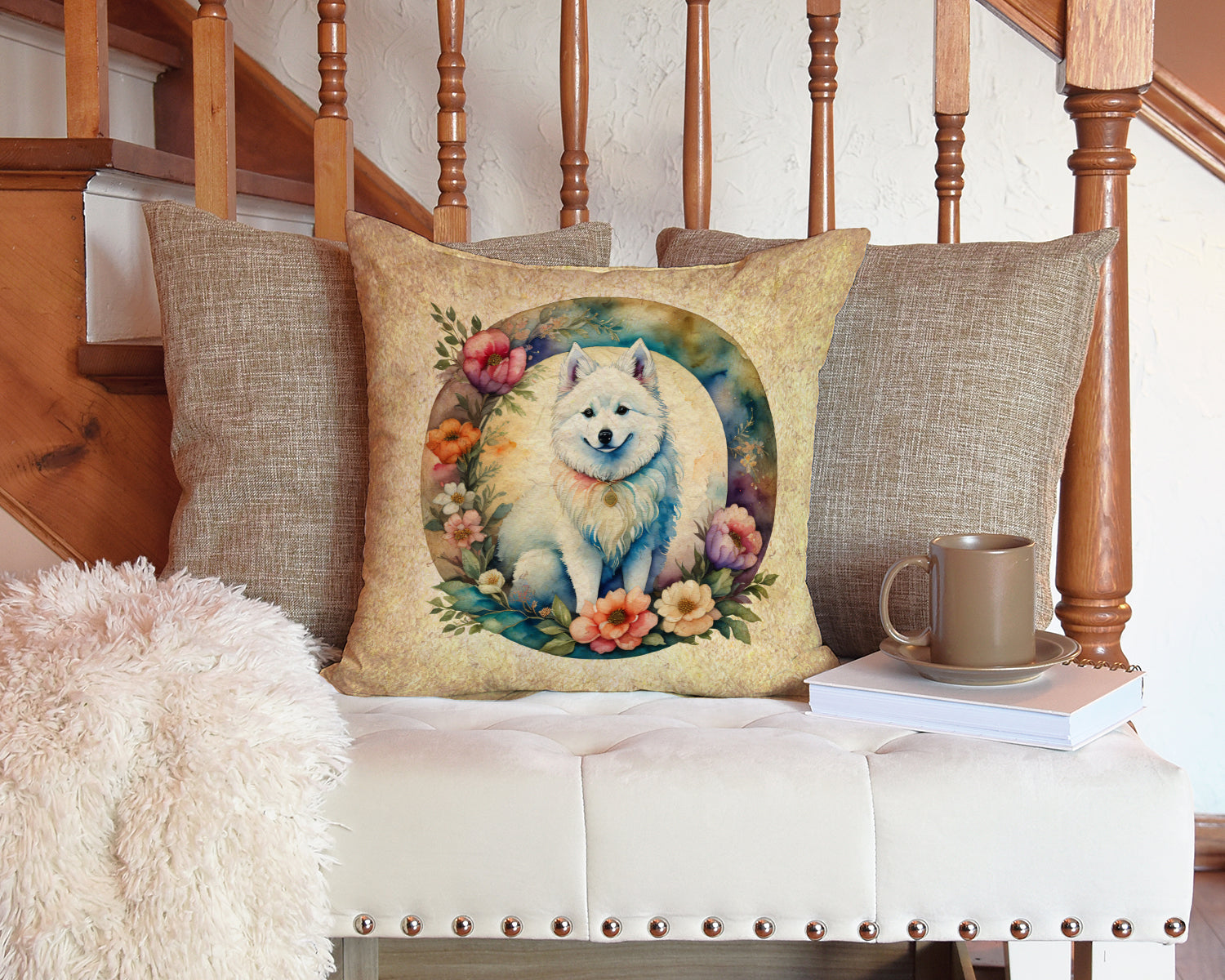 American Eskimo and Flowers Fabric Decorative Pillow