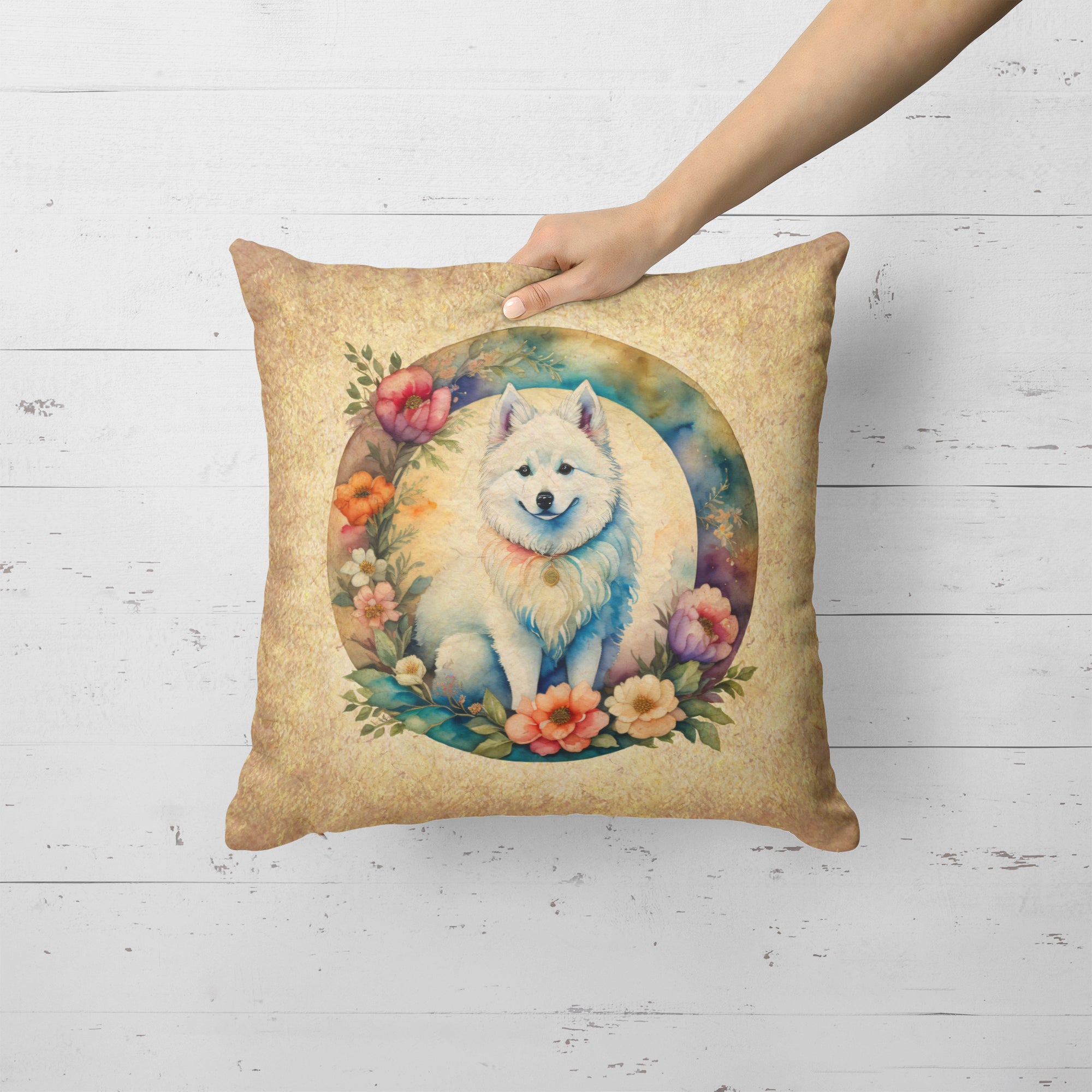 American Eskimo and Flowers Fabric Decorative Pillow