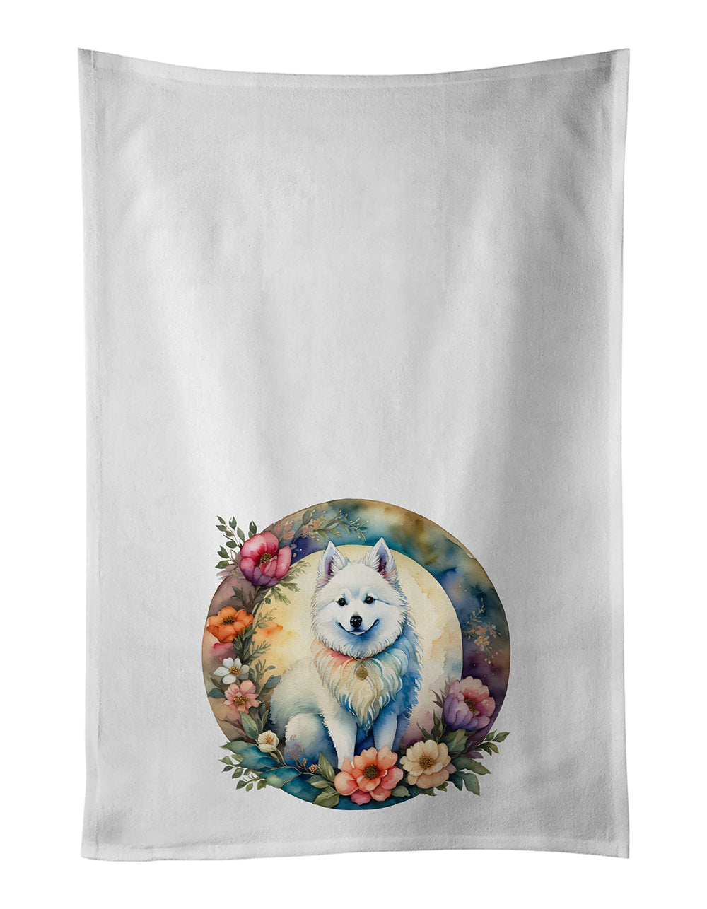 Buy this American Eskimo and Flowers Kitchen Towel Set of 2