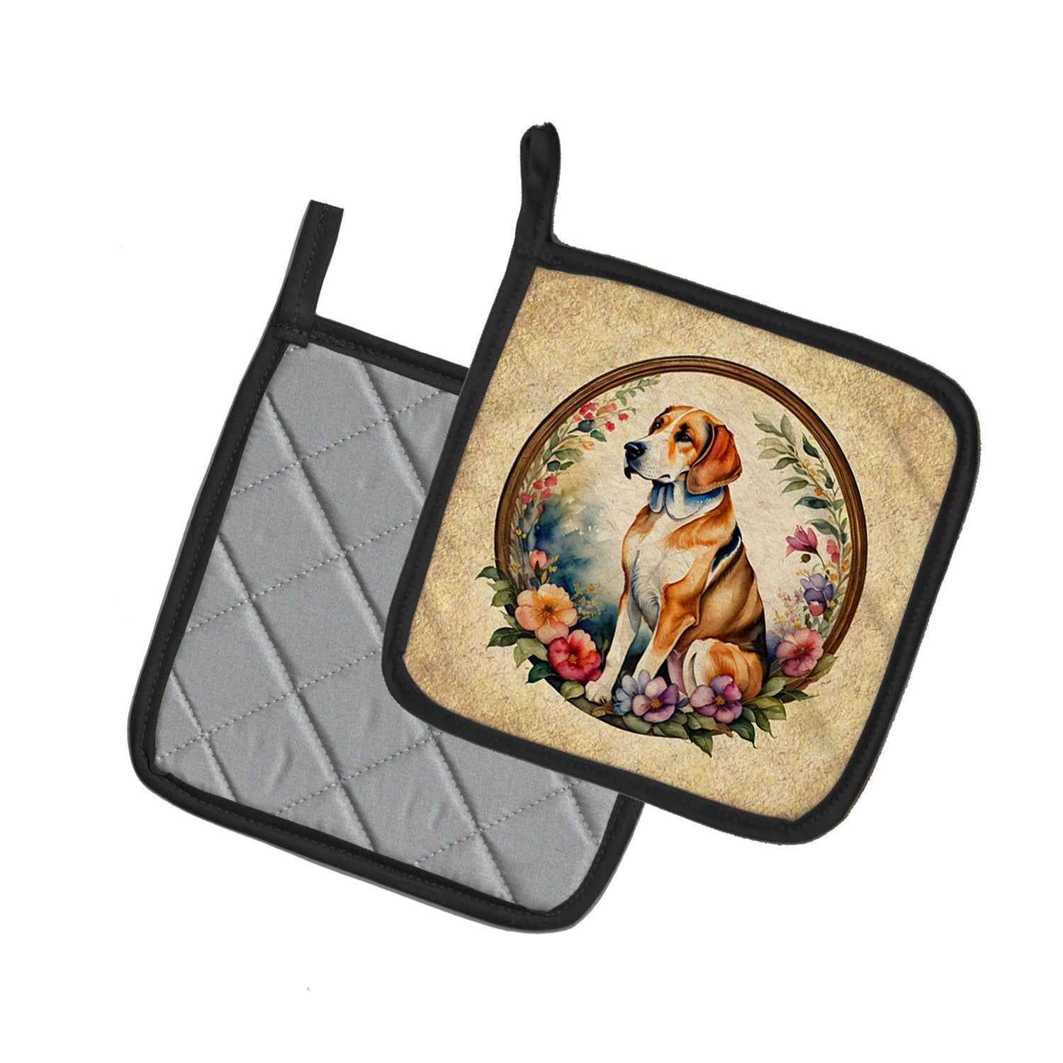 American Foxhound and Flowers Pair of Pot Holders
