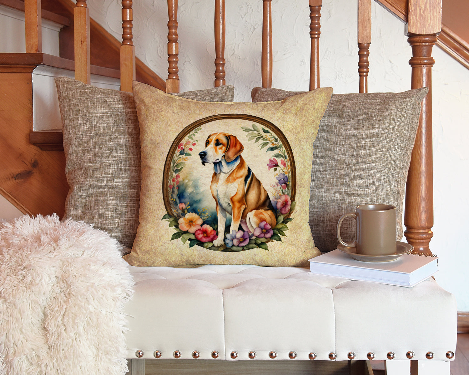 American Foxhound and Flowers Fabric Decorative Pillow