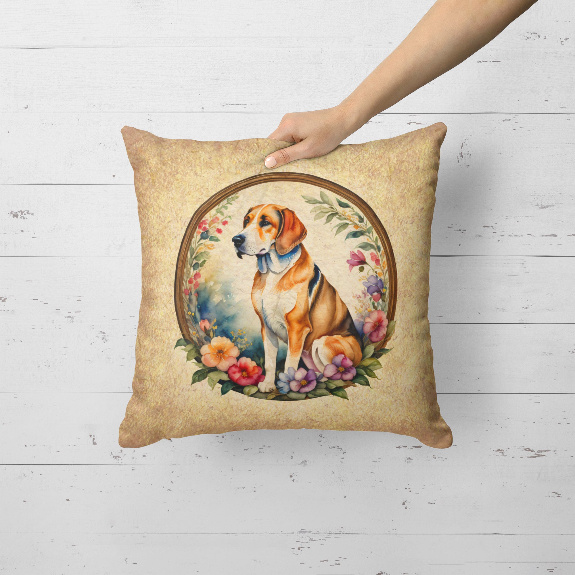 American Foxhound and Flowers Fabric Decorative Pillow