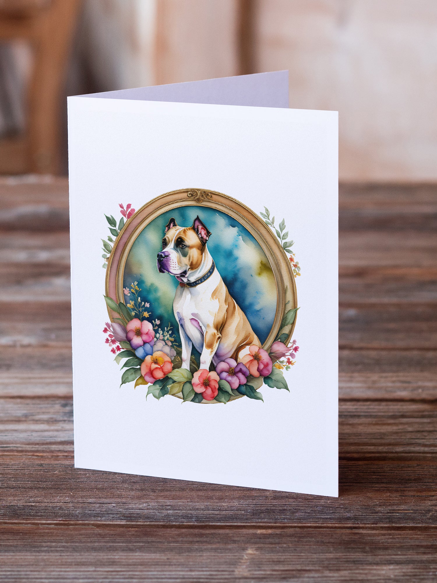 American Staffordshire Terrier and Flowers Greeting Cards and Envelopes Pack of 8