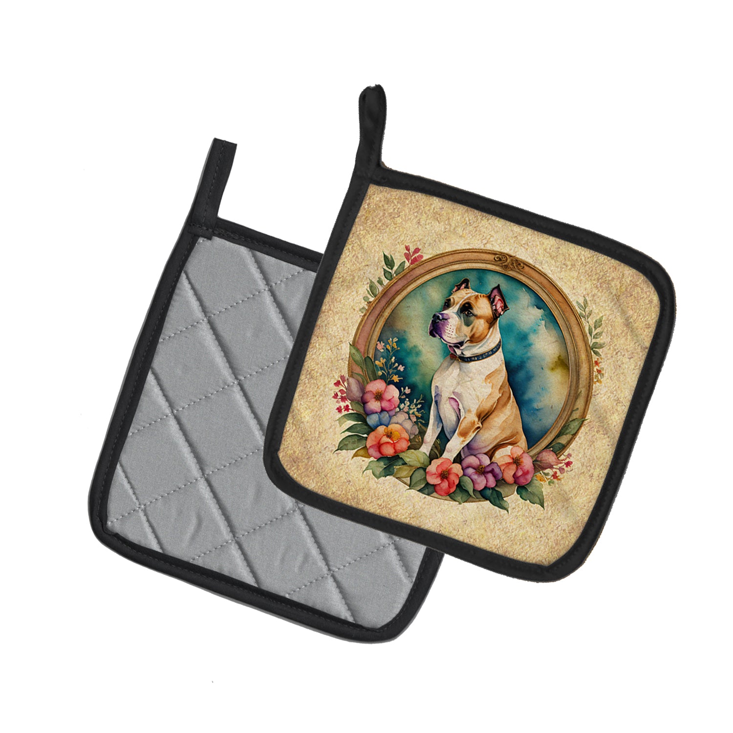American Staffordshire Terrier and Flowers Pair of Pot Holders