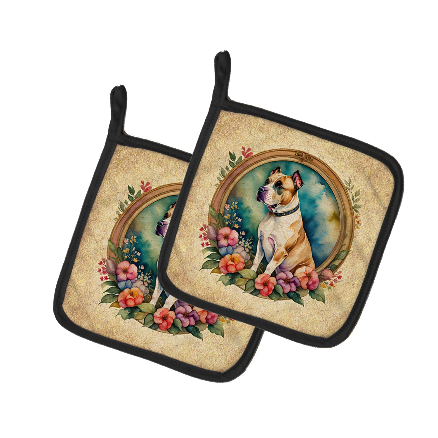 Buy this American Staffordshire Terrier and Flowers Pair of Pot Holders
