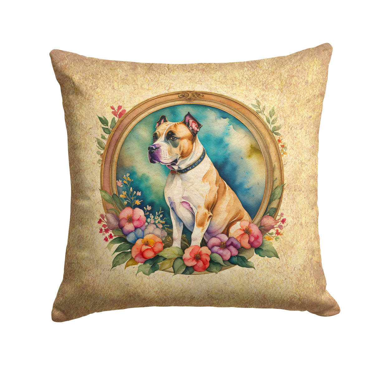 Buy this American Staffordshire Terrier and Flowers Fabric Decorative Pillow