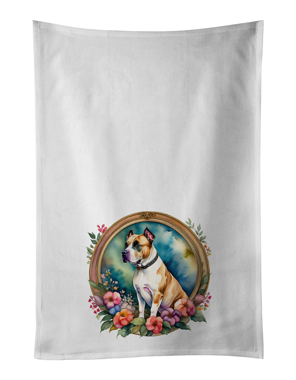 Buy this American Staffordshire Terrier and Flowers Kitchen Towel Set of 2