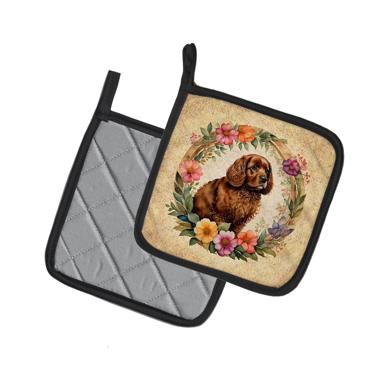 American Water Spaniel and Flowers Pair of Pot Holders