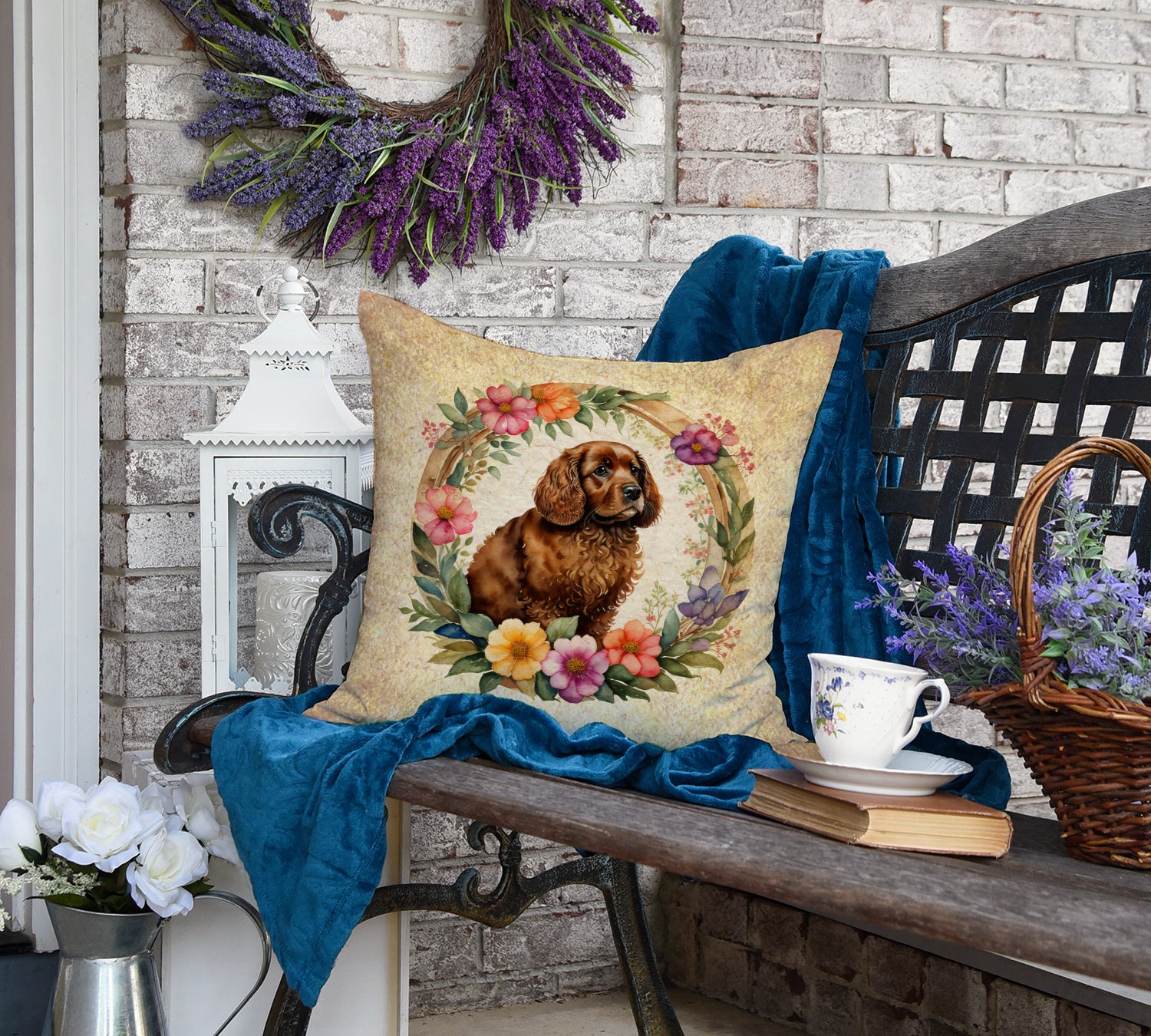 American Water Spaniel and Flowers Fabric Decorative Pillow