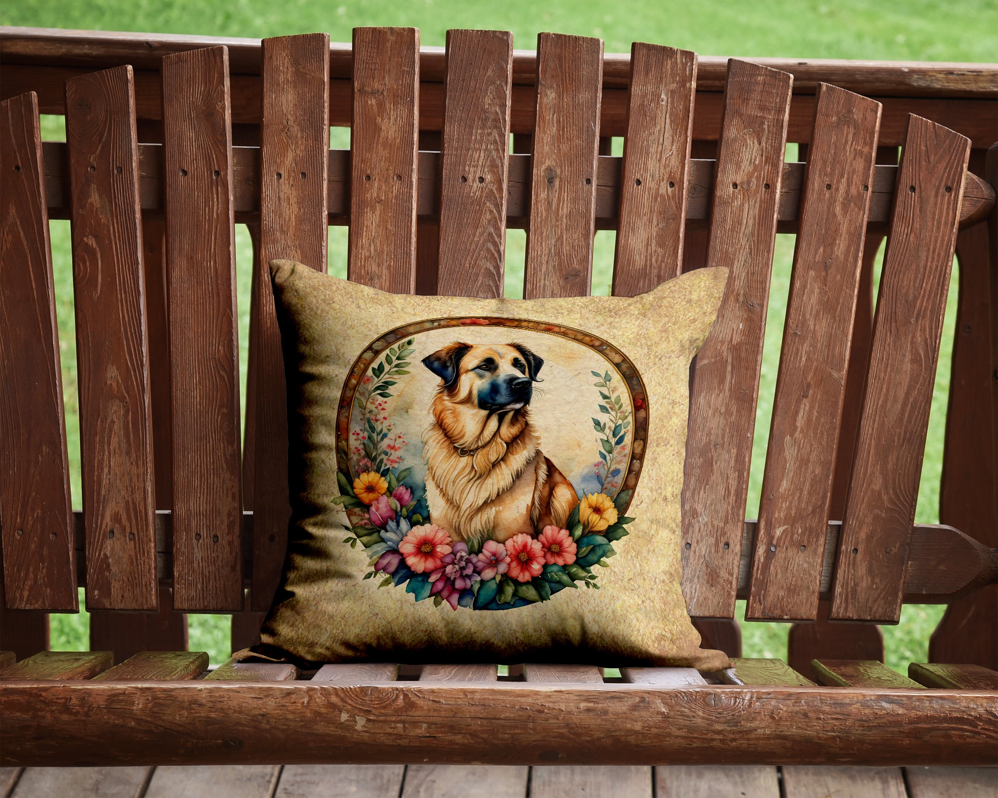 Anatolian Shepherd Dog and Flowers Fabric Decorative Pillow