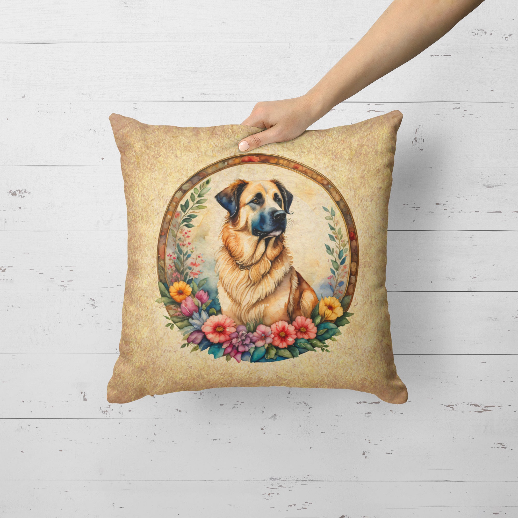 Anatolian Shepherd Dog and Flowers Fabric Decorative Pillow