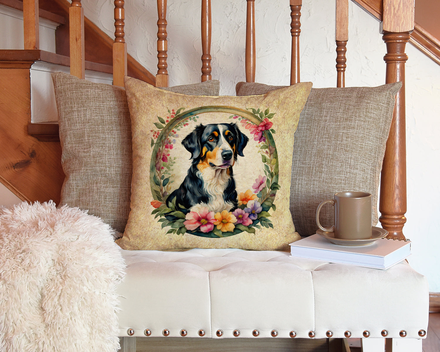 Appenzeller Sennenhund and Flowers Fabric Decorative Pillow