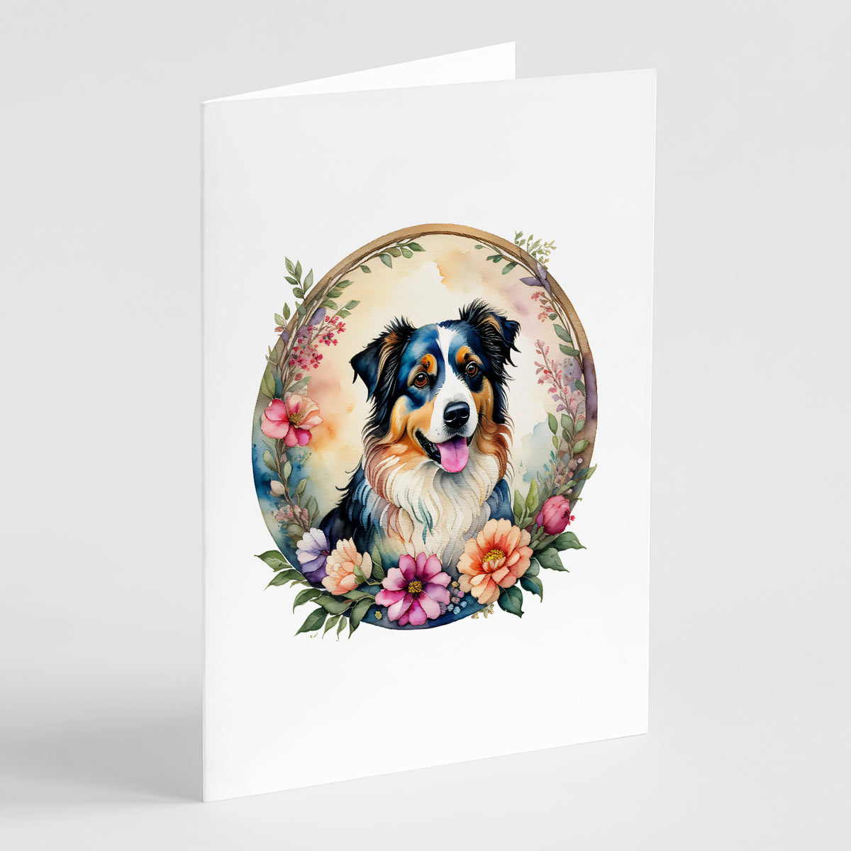 Buy this Australian Shepherd and Flowers Greeting Cards and Envelopes Pack of 8