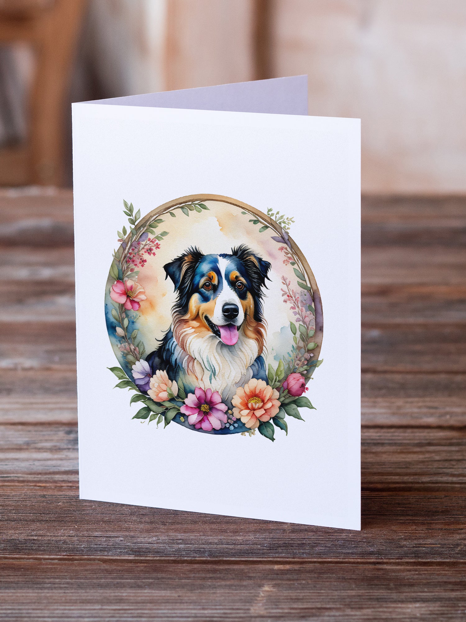 Buy this Australian Shepherd and Flowers Greeting Cards and Envelopes Pack of 8