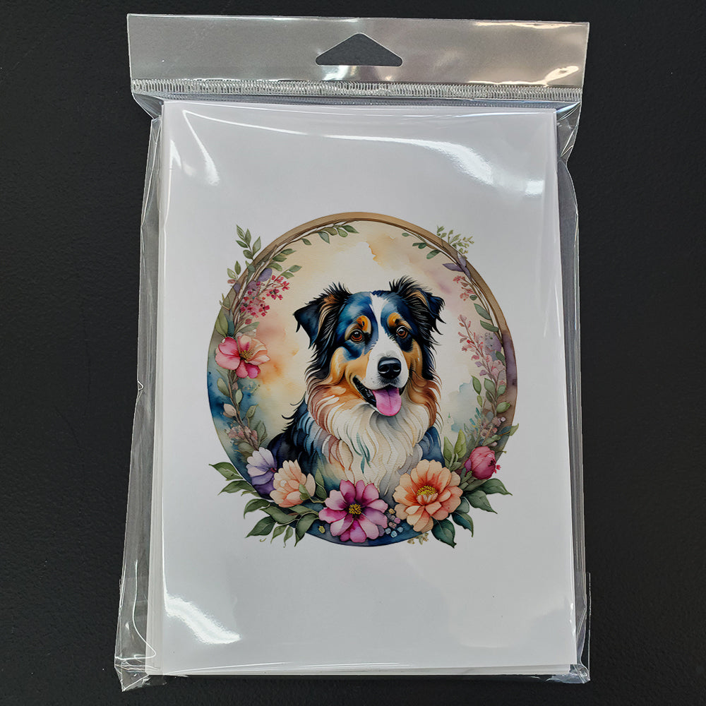 Australian Shepherd and Flowers Greeting Cards and Envelopes Pack of 8