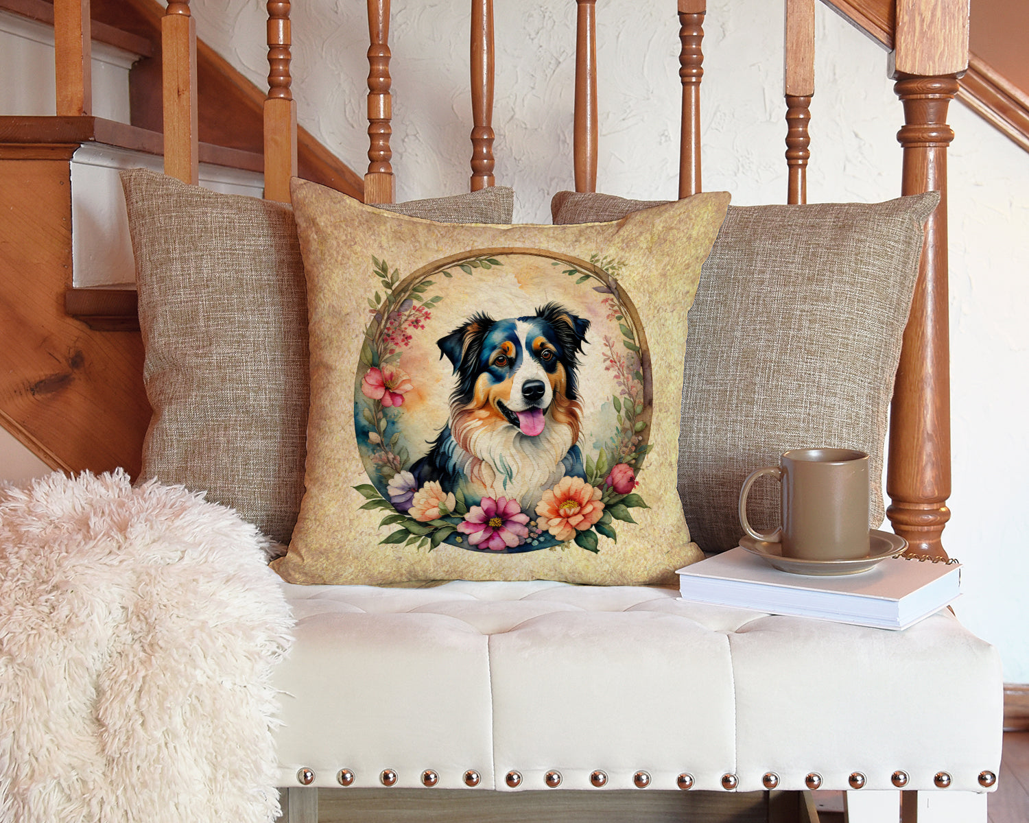 Australian Shepherd and Flowers Fabric Decorative Pillow