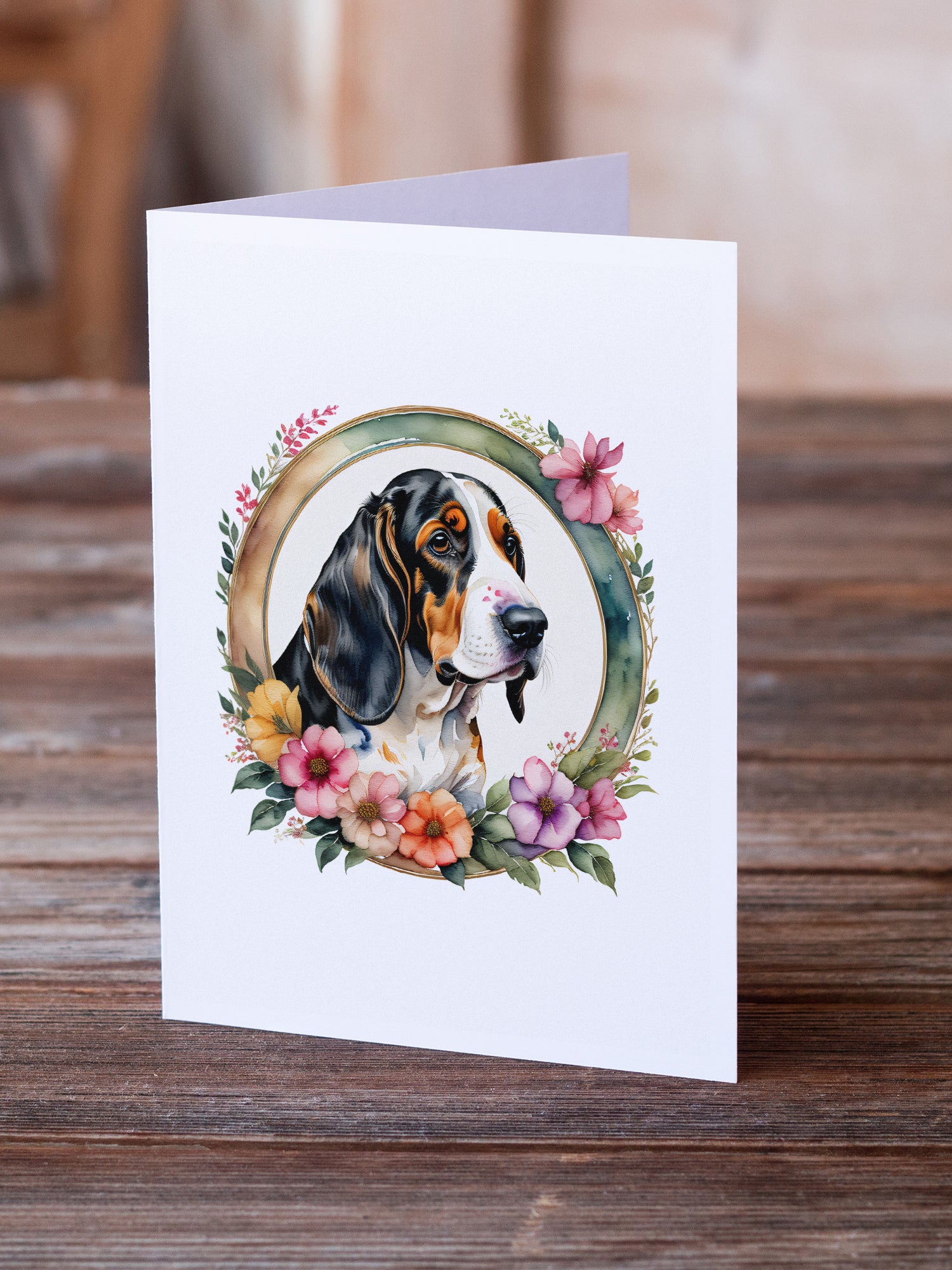 Buy this Basset Hound and Flowers Greeting Cards and Envelopes Pack of 8