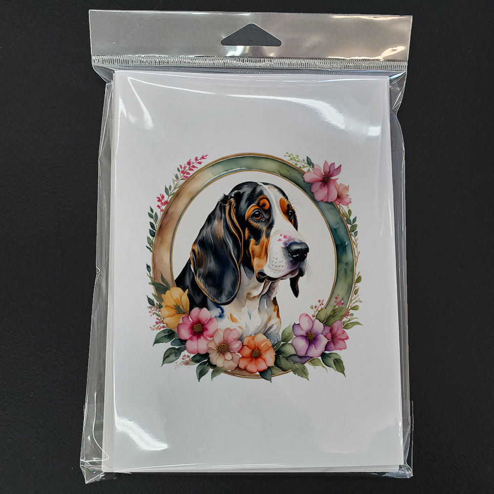 Basset Hound and Flowers Greeting Cards and Envelopes Pack of 8