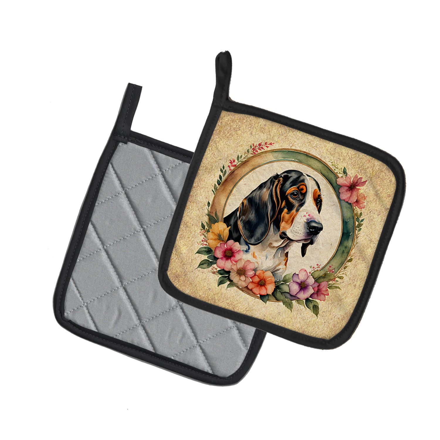 Basset Hound and Flowers Pair of Pot Holders