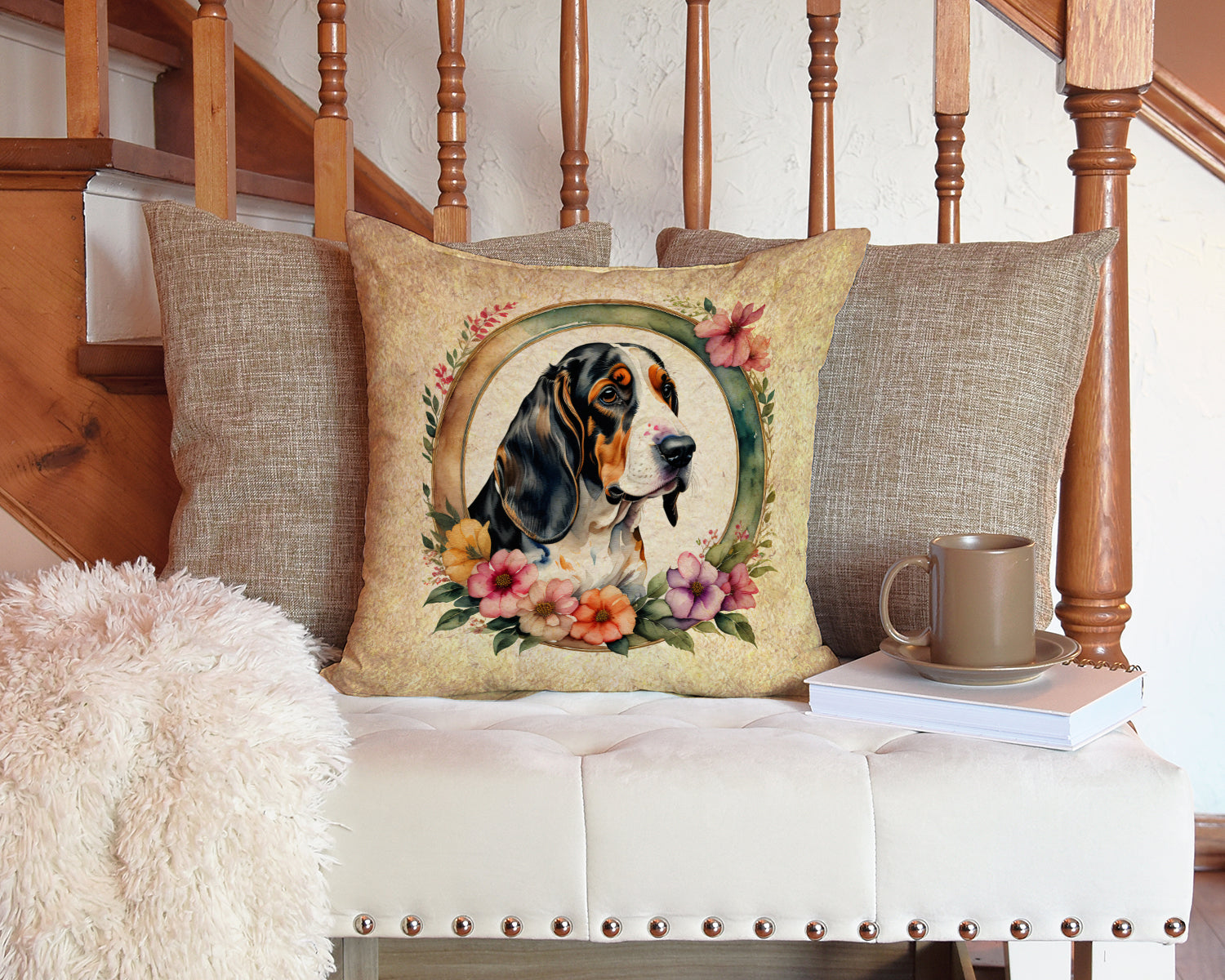 Basset Hound and Flowers Fabric Decorative Pillow