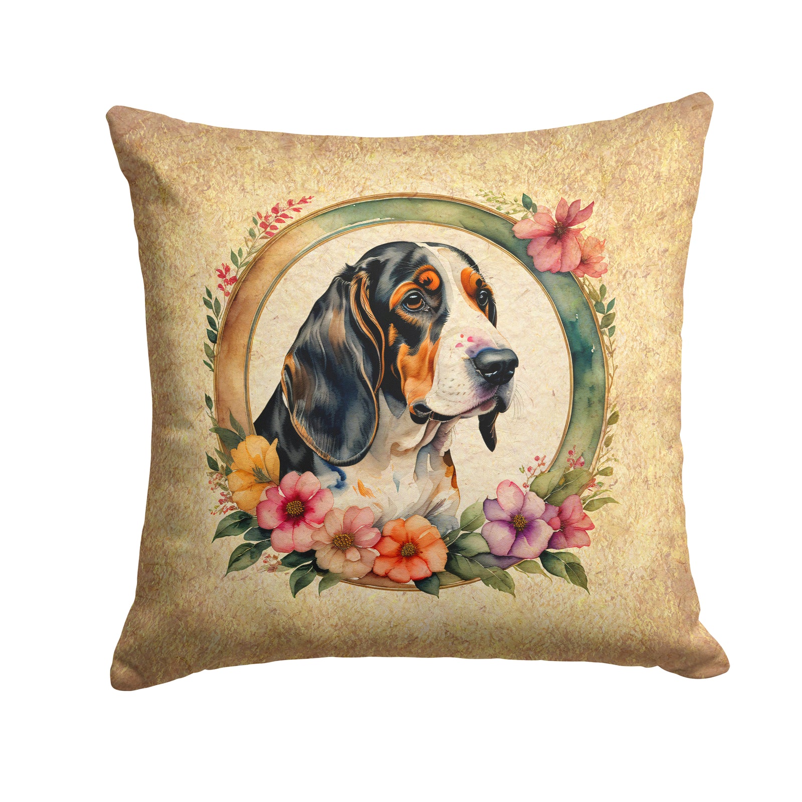 Buy this Basset Hound and Flowers Fabric Decorative Pillow