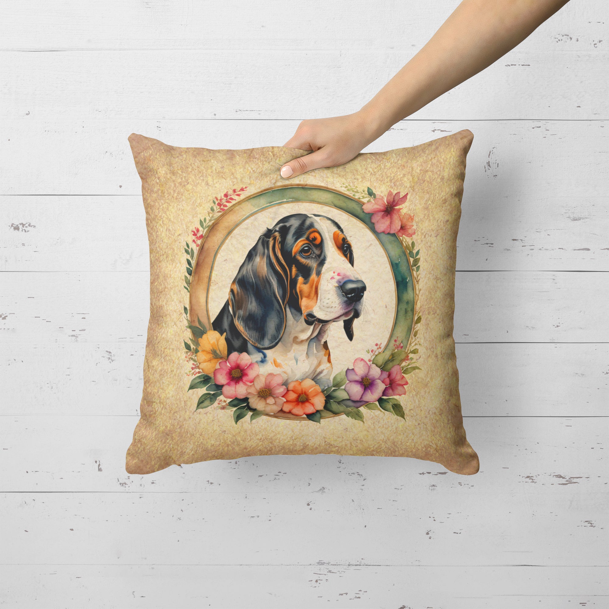 Buy this Basset Hound and Flowers Fabric Decorative Pillow