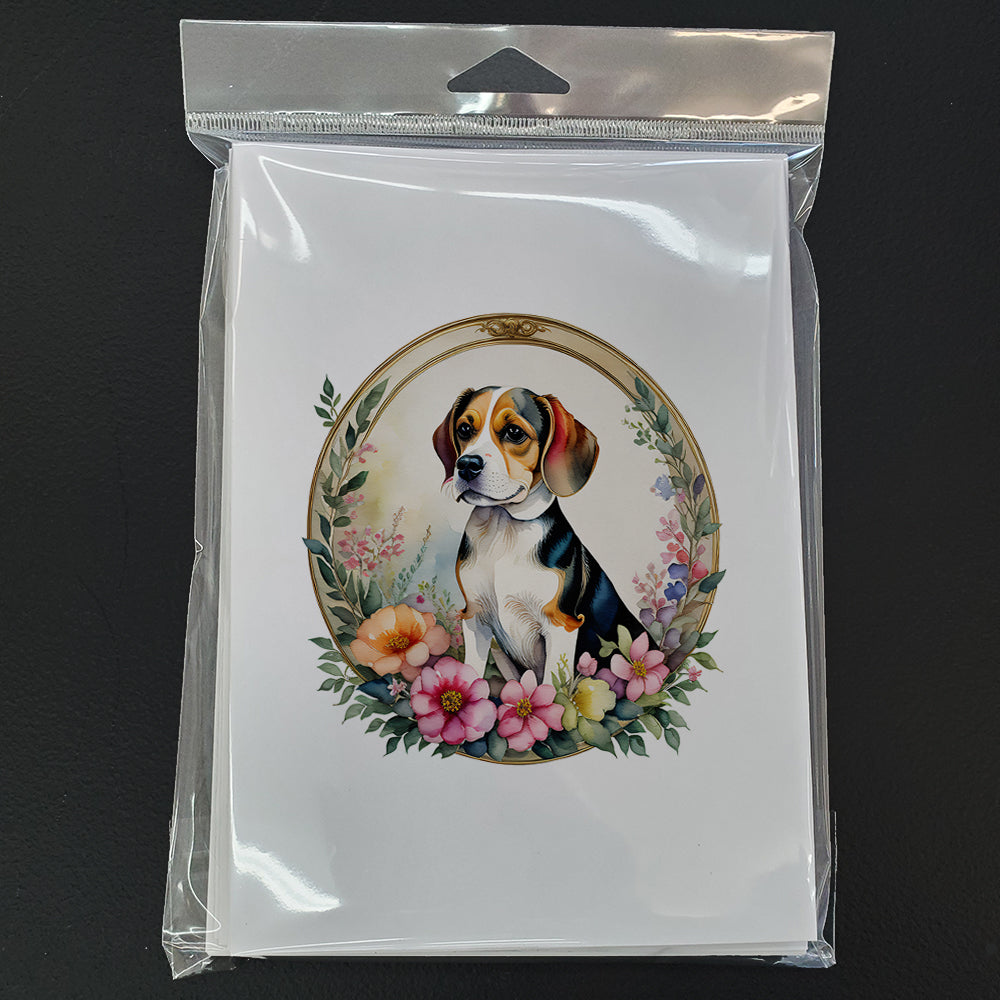 Beagle and Flowers Greeting Cards and Envelopes Pack of 8