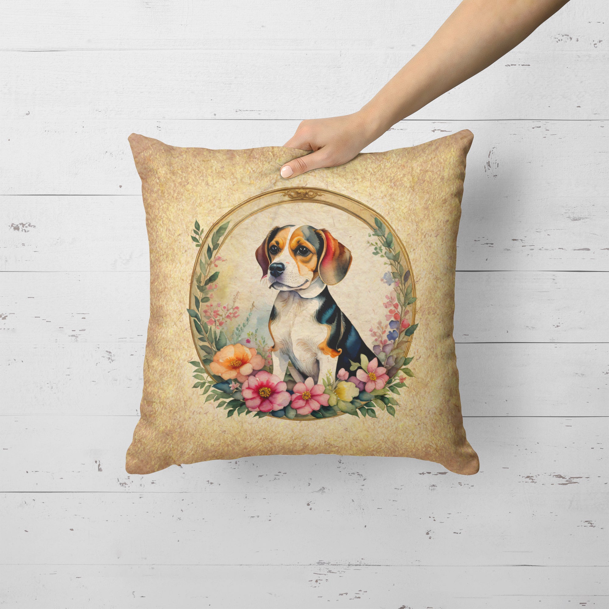Buy this Beagle and Flowers Fabric Decorative Pillow