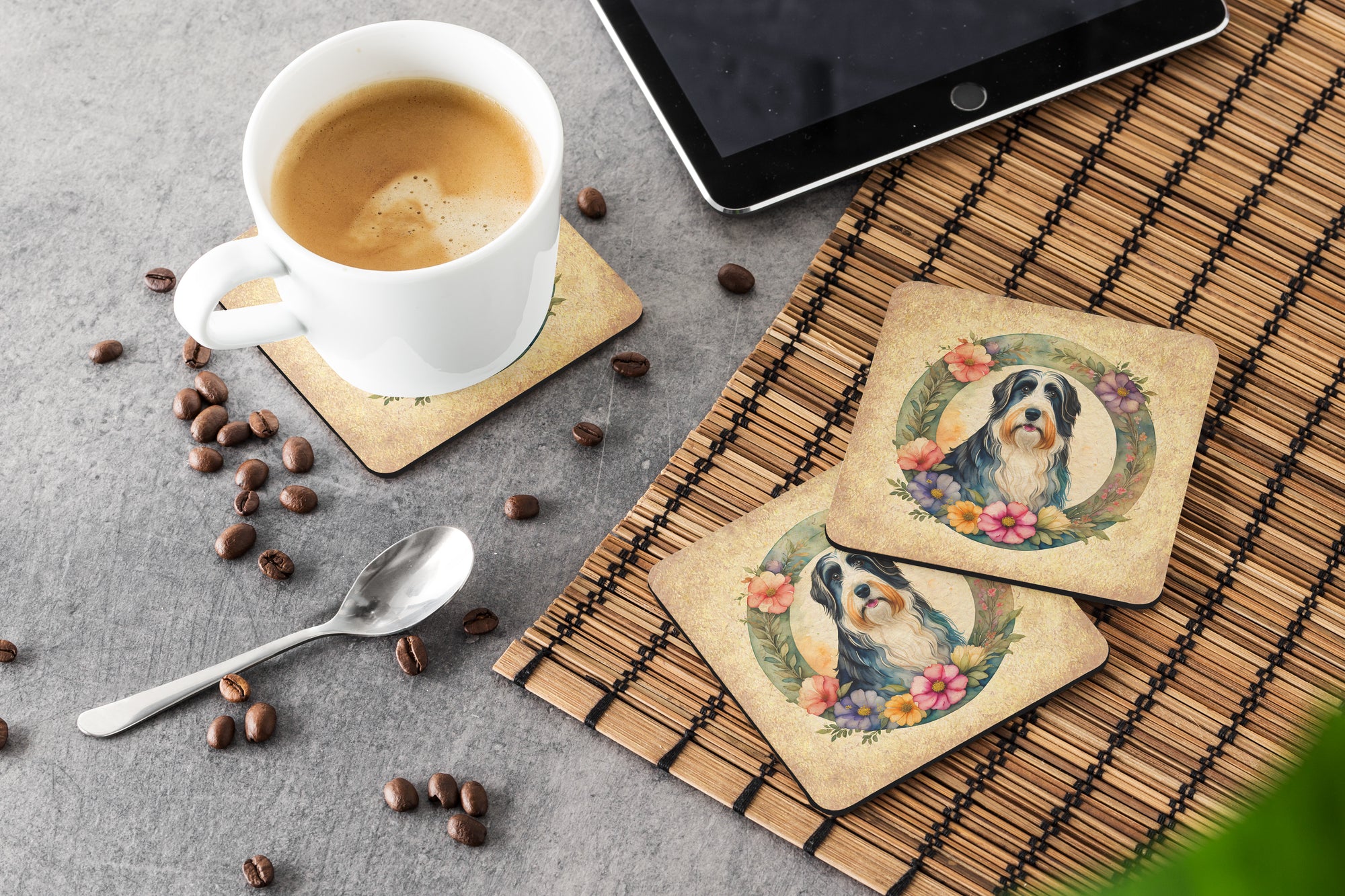 Bearded Collie and Flowers Foam Coasters