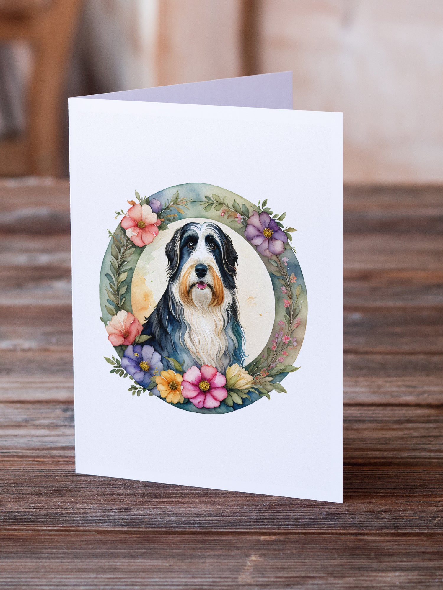 Bearded Collie and Flowers Greeting Cards and Envelopes Pack of 8