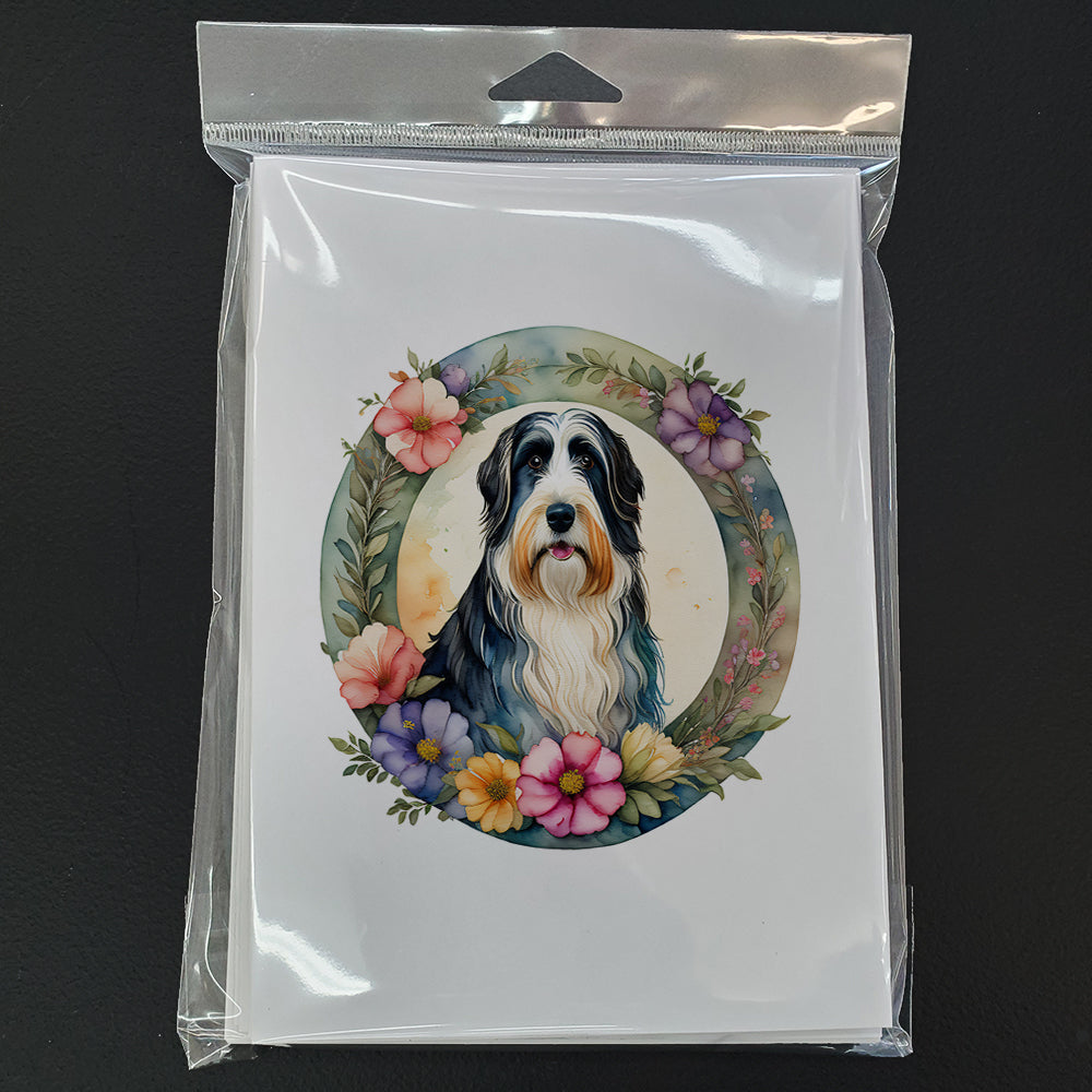 Bearded Collie and Flowers Greeting Cards and Envelopes Pack of 8