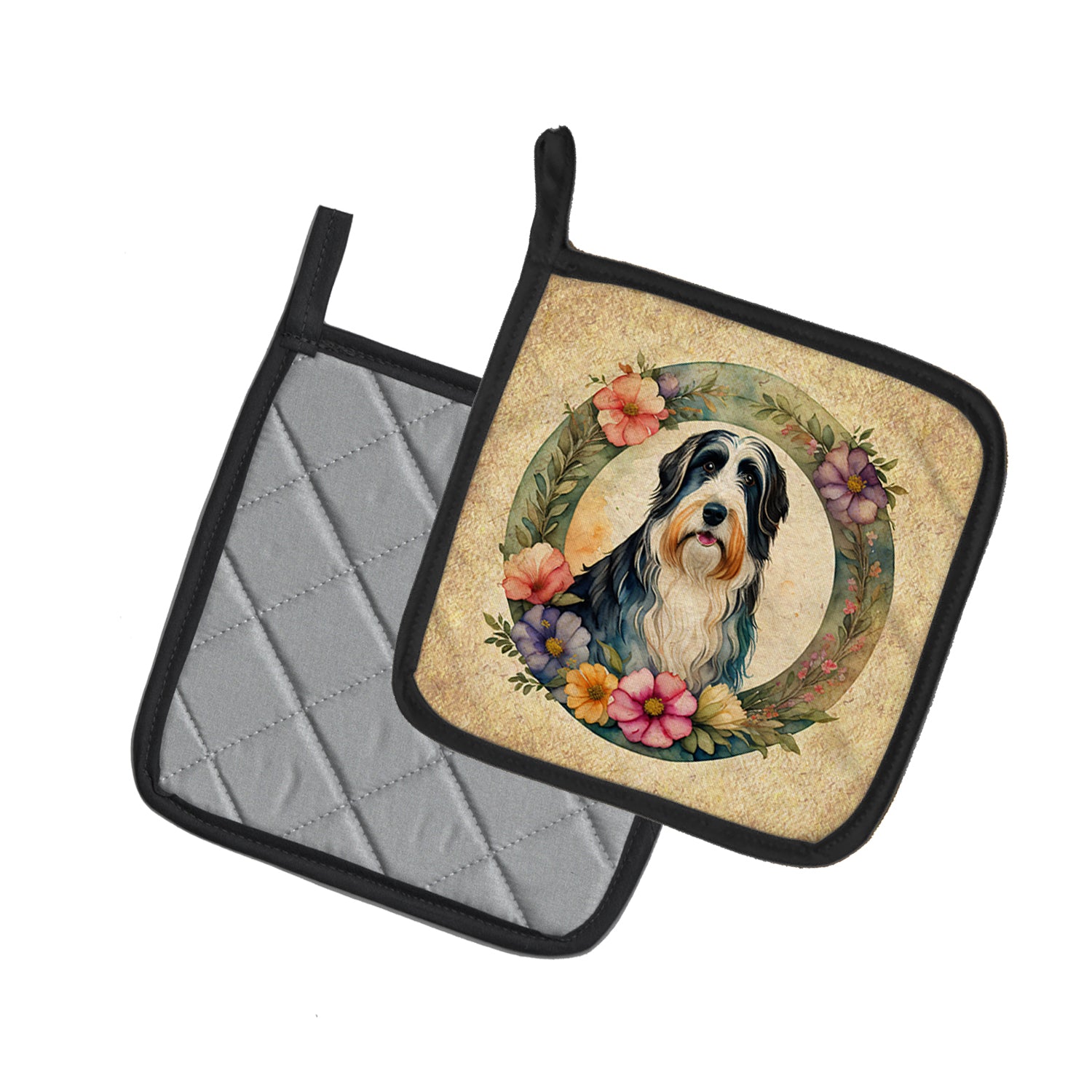 Bearded Collie and Flowers Pair of Pot Holders