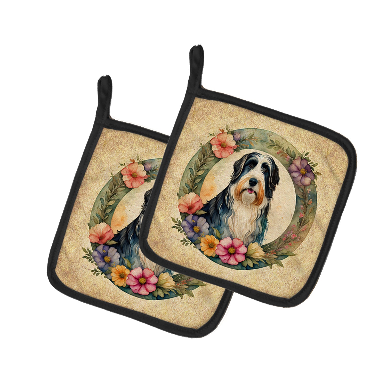 Buy this Bearded Collie and Flowers Pair of Pot Holders