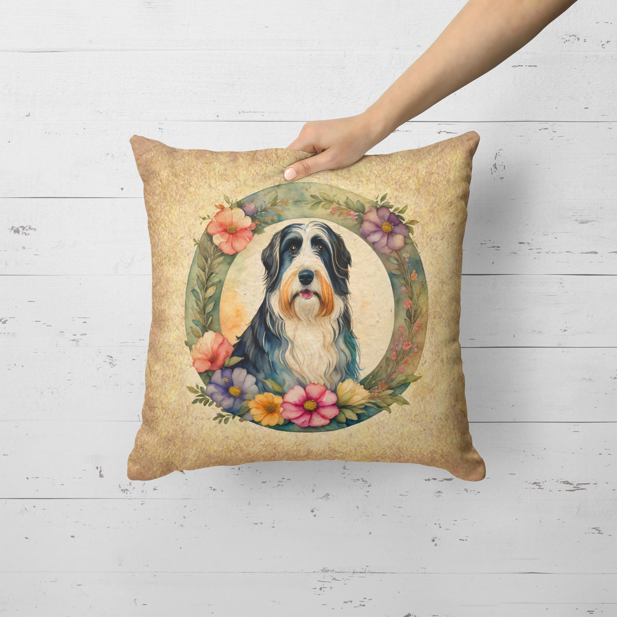 Buy this Bearded Collie and Flowers Fabric Decorative Pillow
