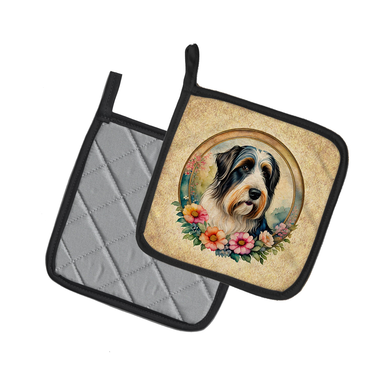 Bearded Collie and Flowers Pair of Pot Holders