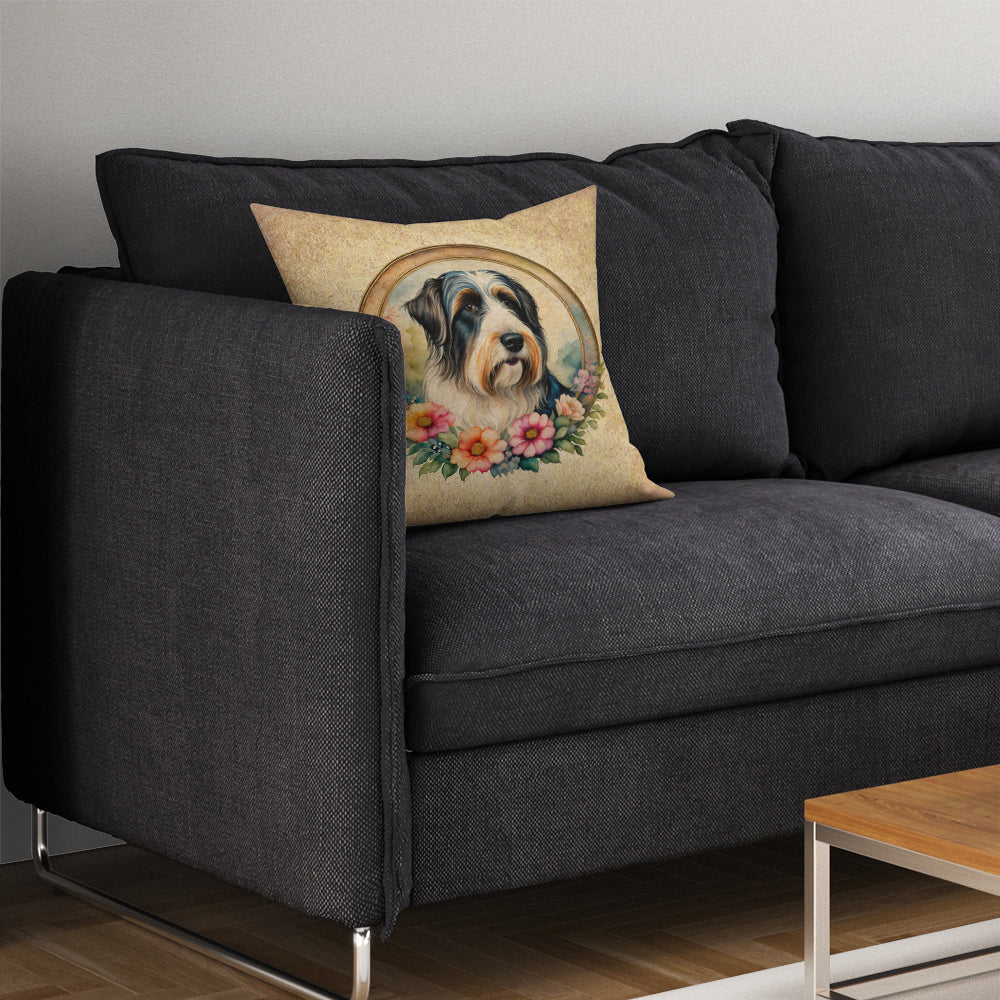 Bearded Collie and Flowers Fabric Decorative Pillow