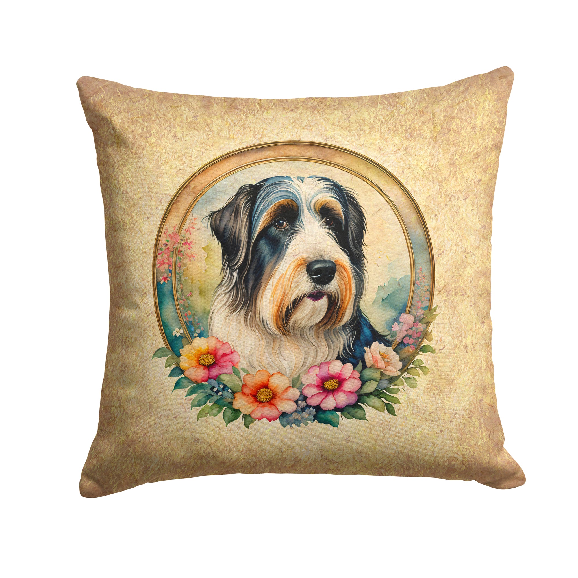 Buy this Bearded Collie and Flowers Fabric Decorative Pillow