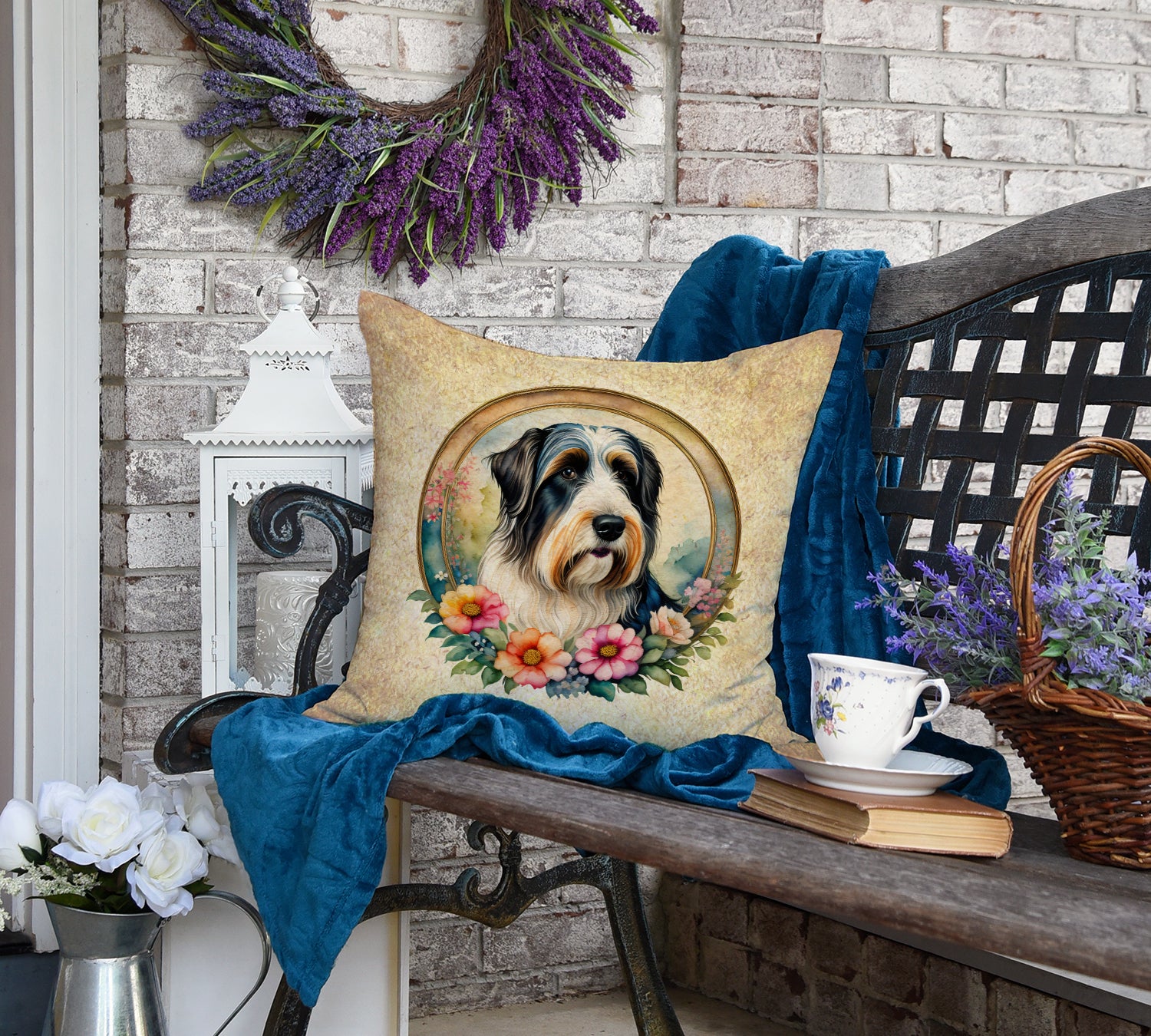 Bearded Collie and Flowers Fabric Decorative Pillow