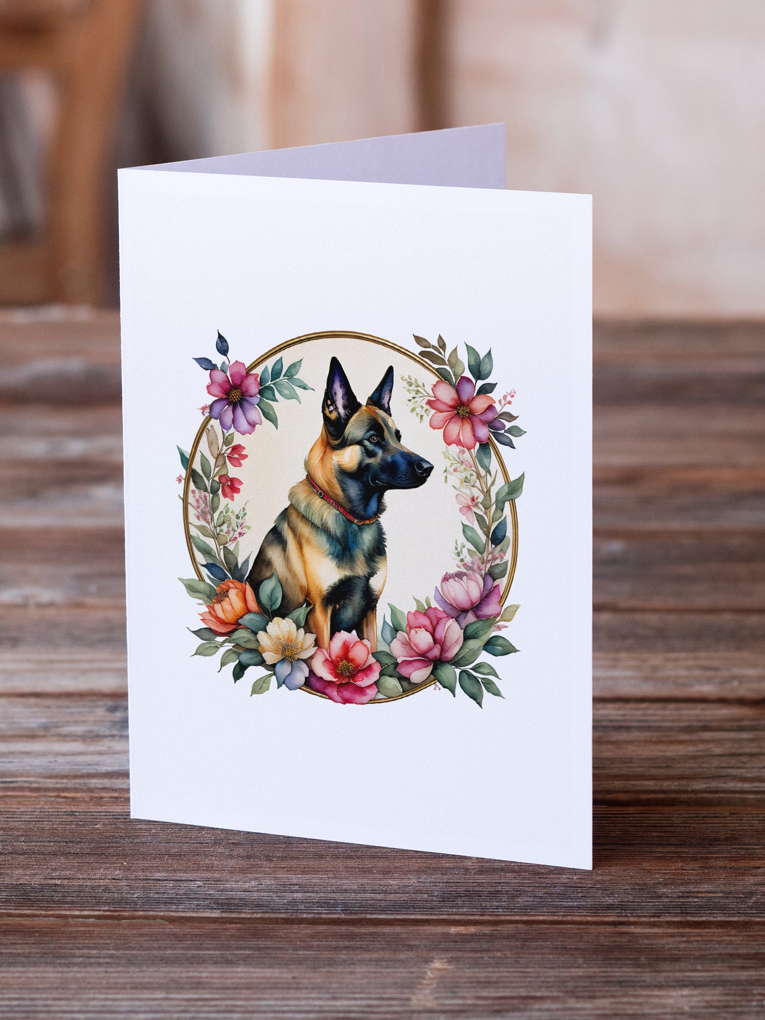 Belgian Malinois and Flowers Greeting Cards and Envelopes Pack of 8