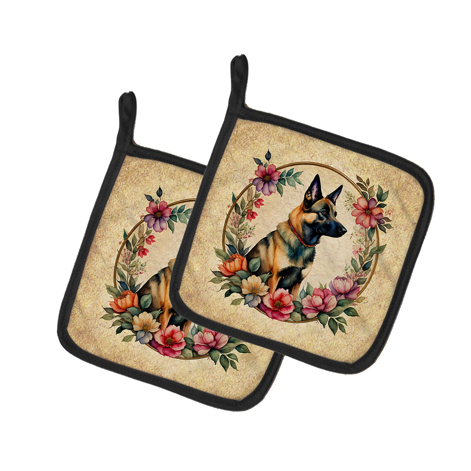 Buy this Belgian Malinois and Flowers Pair of Pot Holders