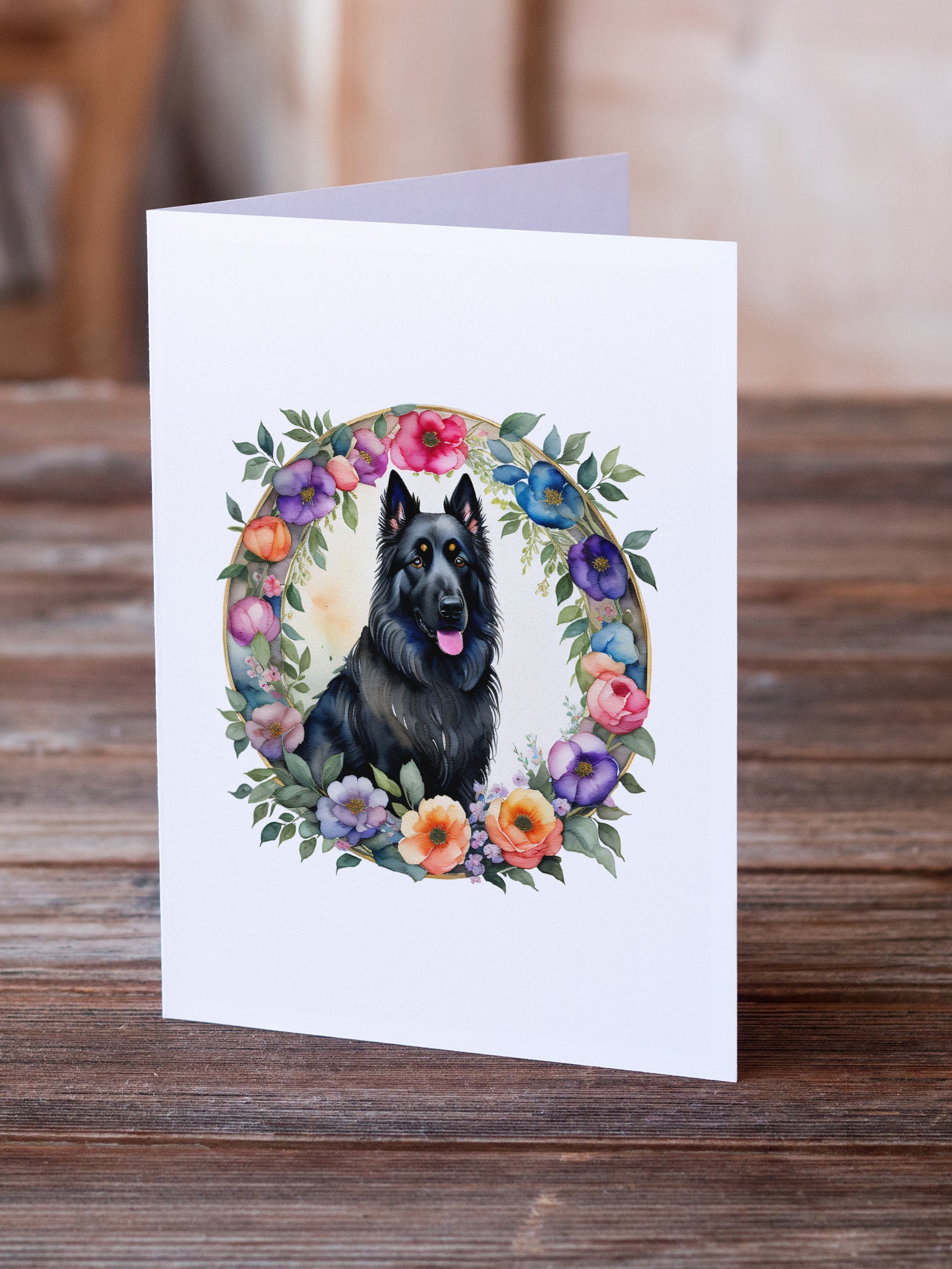 Belgian Sheepdog and Flowers Greeting Cards and Envelopes Pack of 8